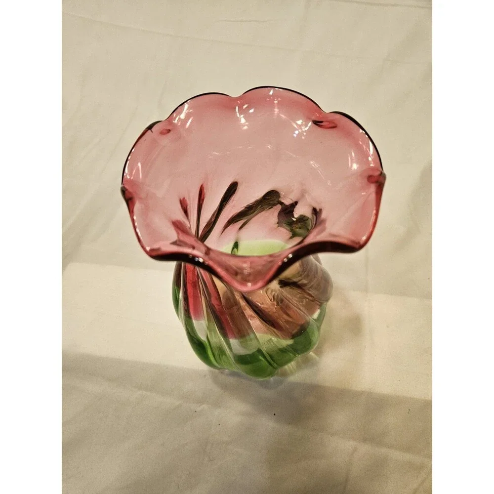 Vintage Hand Blown Teleflora Watermelon Pink Green Swirl Scallop Glass 8